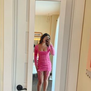 Hot Pink Long Sleeve Velvet Ruched Dress